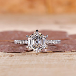 A stunning hexagon engagement ring with a brilliant lab-grown diamond.
