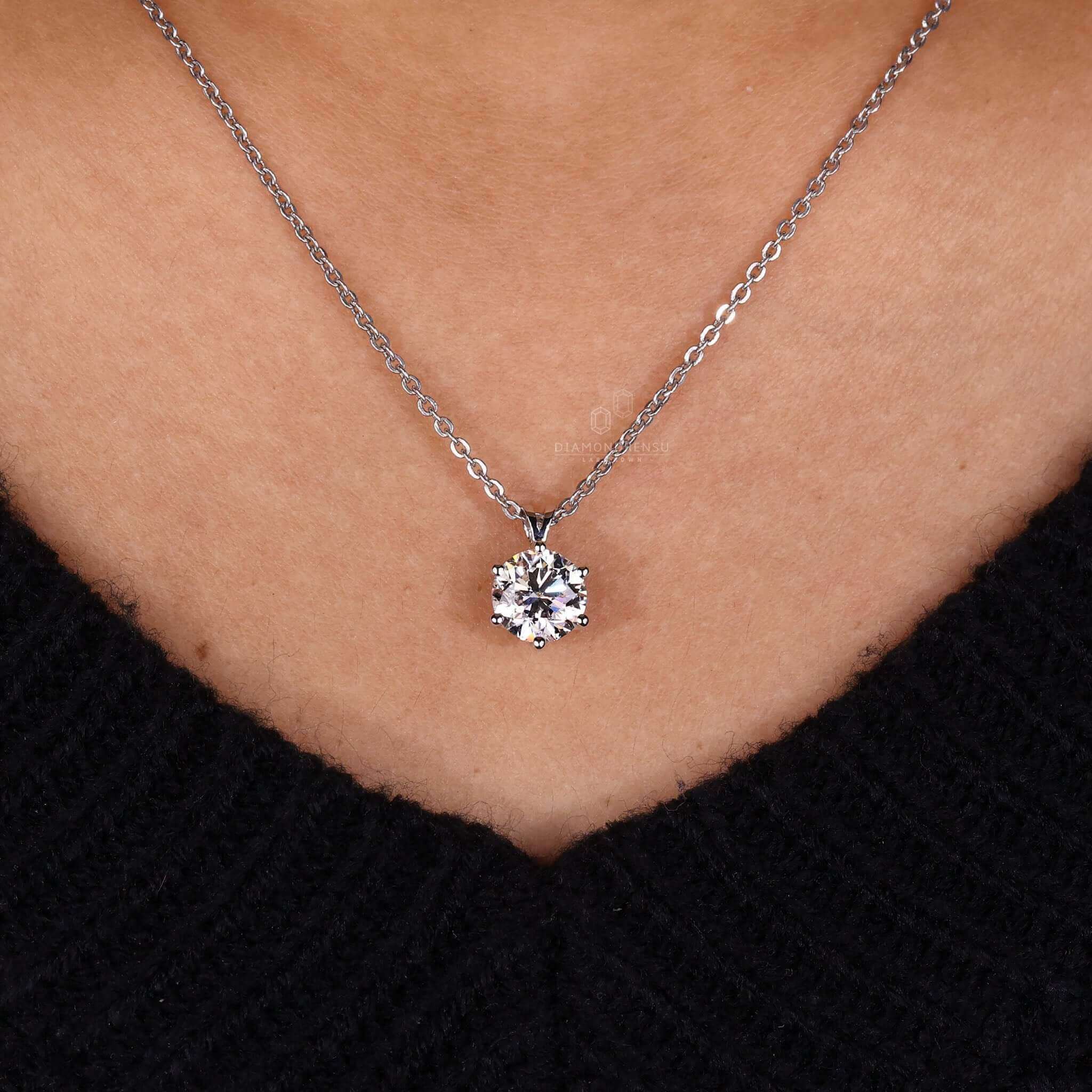 Model showcasing lab grown diamond pendant