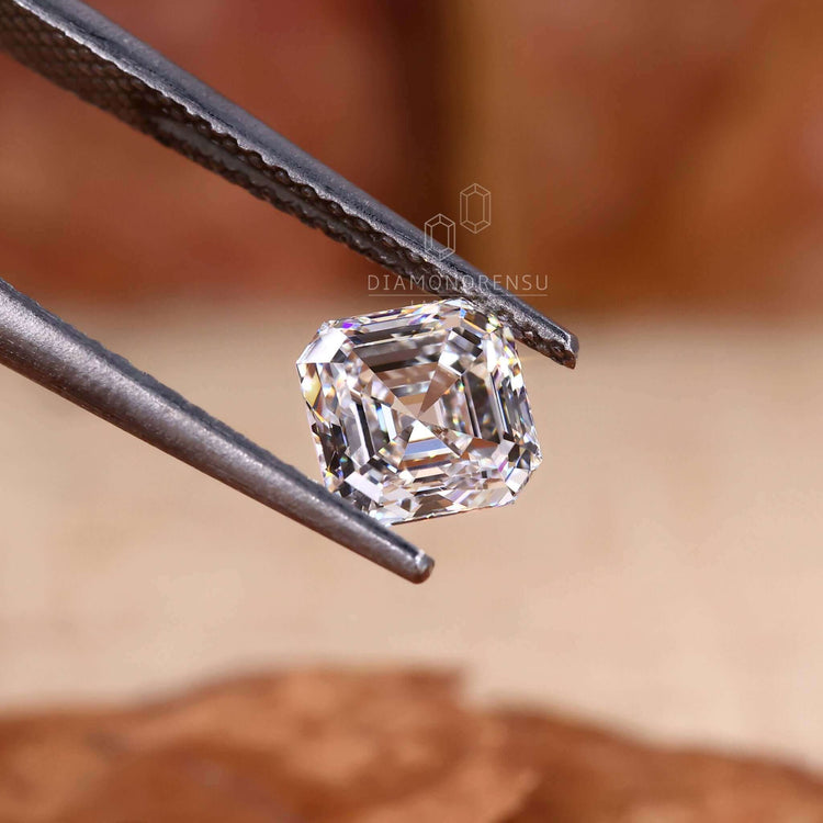 Asscher cut stone shaped with clean step cut lines.
