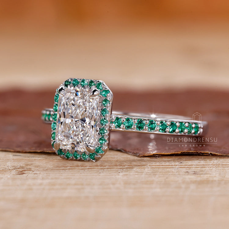 Green Diamond Ring set in a radiant halo design for unique beauty.
