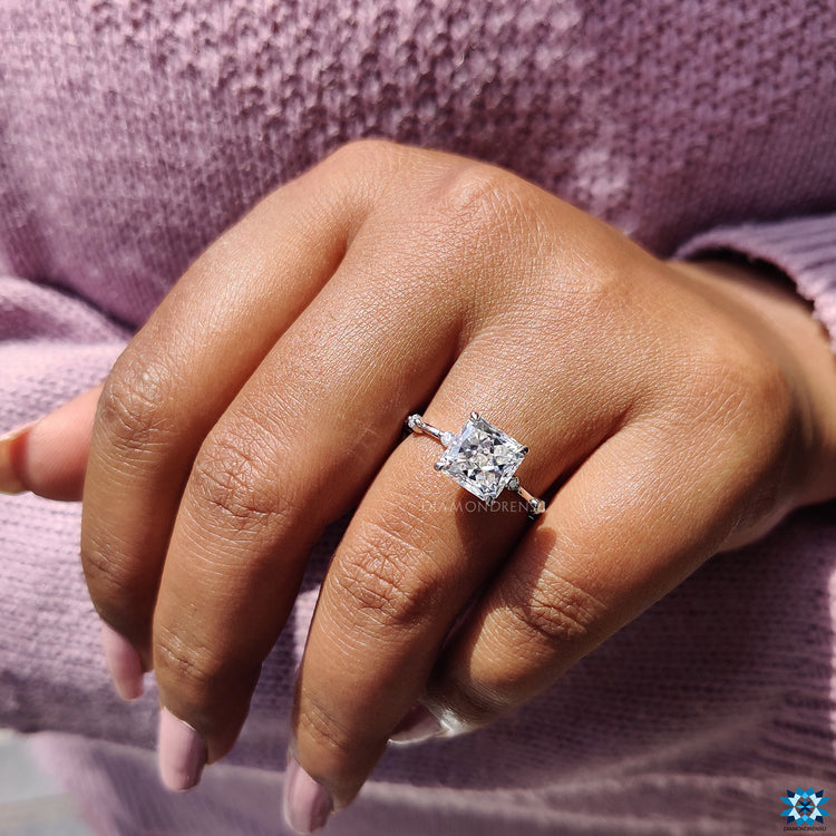 Radiant Rensu cut moissanite in modern style.