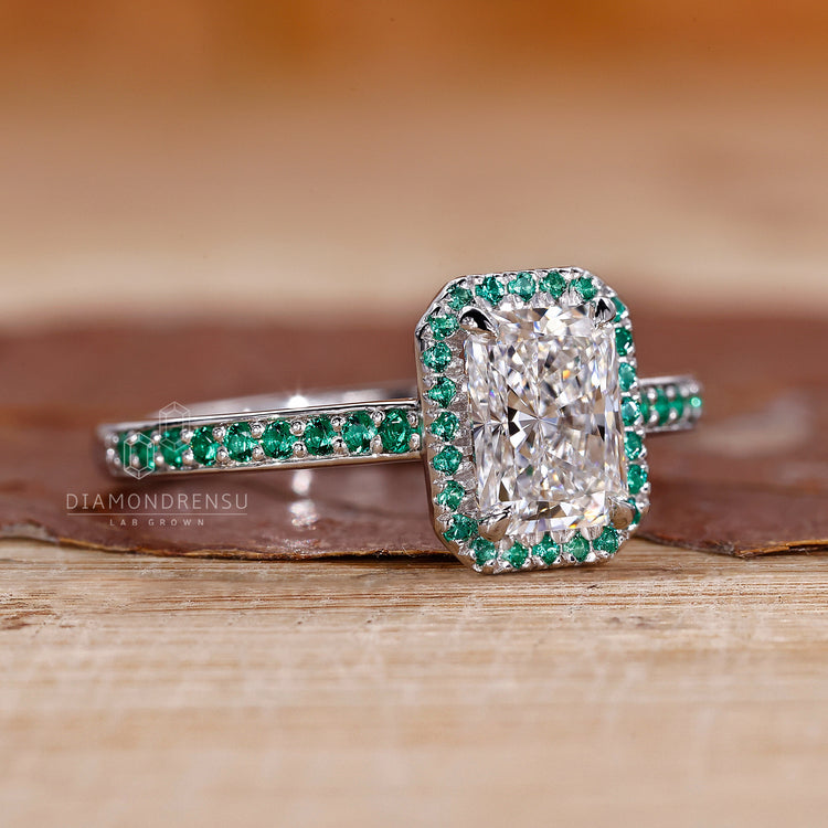 Radiant Cut Diamond Ring in a classic halo setting.

