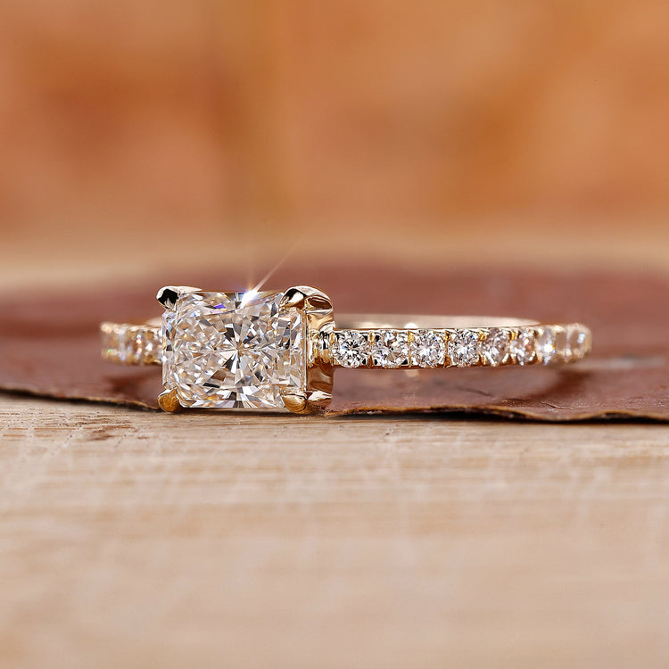 East West Engagement Ring with a stunning radiant cut diamond.
