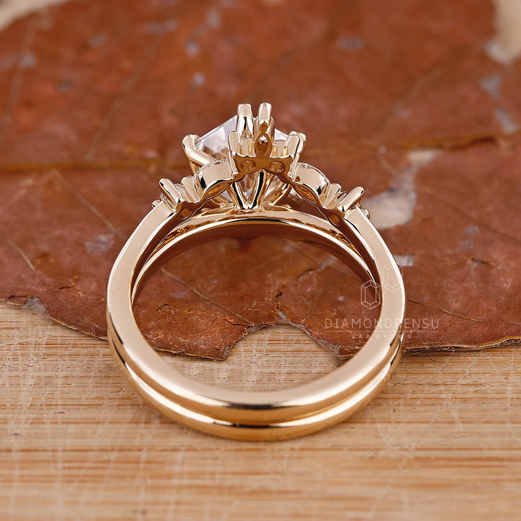 Hexagon Diamond Ring set in a secure prong setting.
