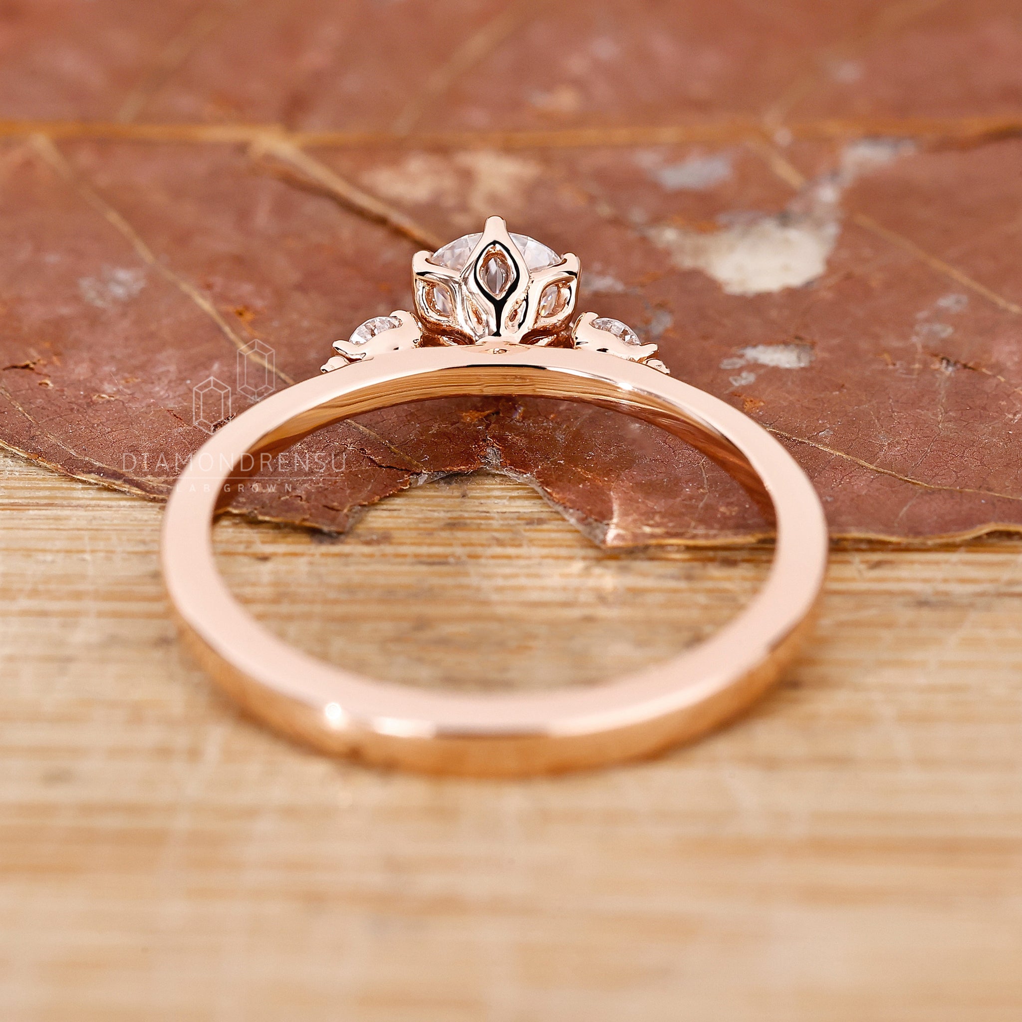diamondrensu engagement ring, round diamond in side stones, proposal ring rose gold
