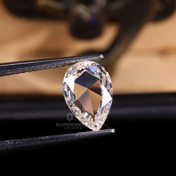 Lab grown diamond shaped in unique rose pear cut.
