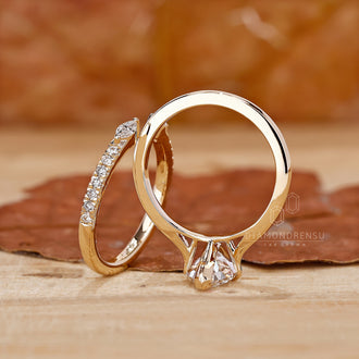 Prong Setting in a wedding band set for secure diamond placement.
