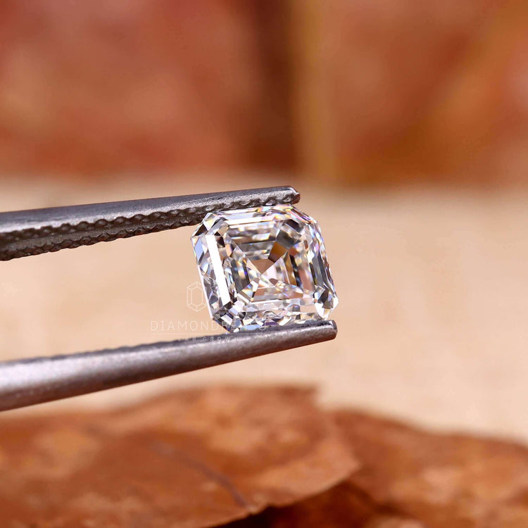 Loose lab grown diamond shaped in asscher cut style.
