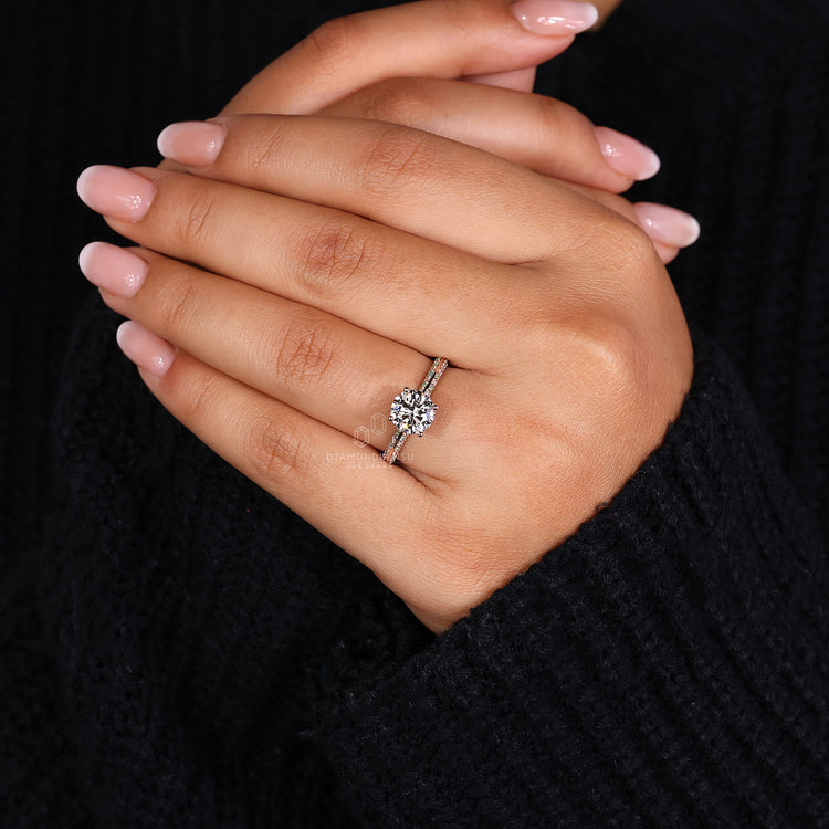 Pave diamond ring with round diamonds set in a beautiful pave band.
