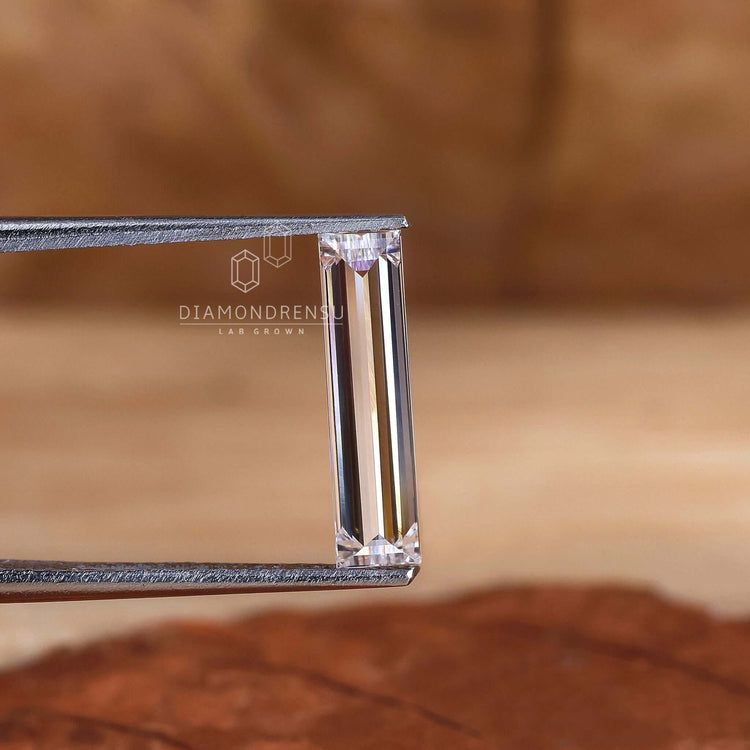 Lab grown loose stone with long baguette cut design.