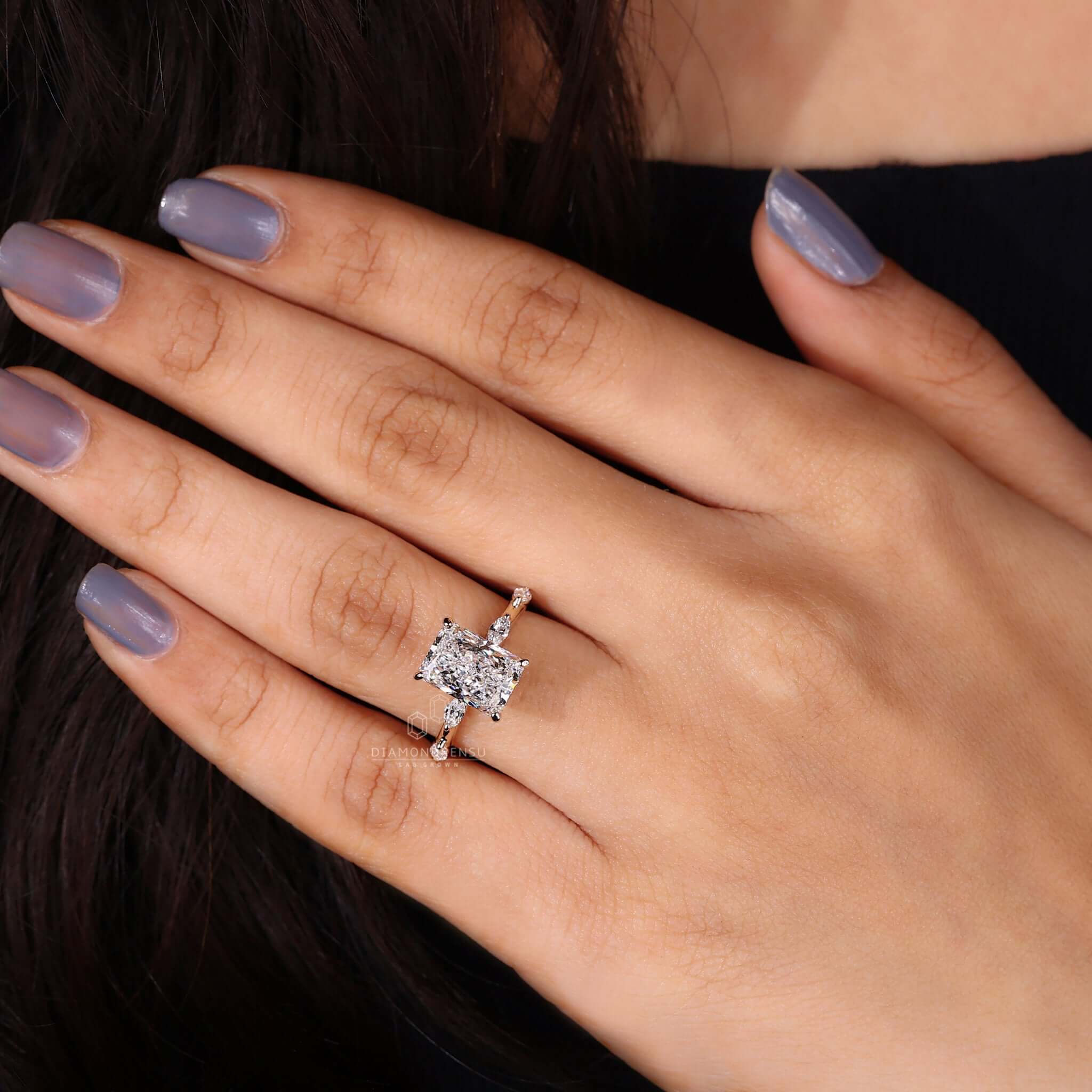 Gorgeous hidden halo setting on an engagement ring, subtly enhancing the ring's brilliance
