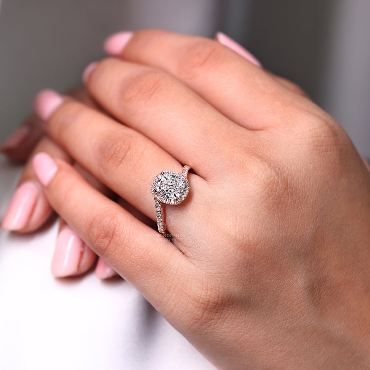 Rose gold diamond ring with handmade finish.
