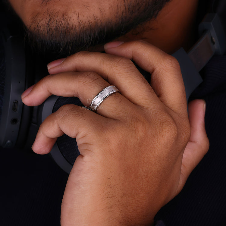 Double row half eternity ring featuring sparkling diamonds.
