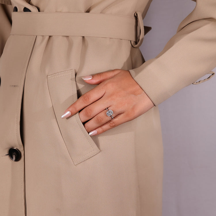 Handmade jewelry with halo and prong setting design.
