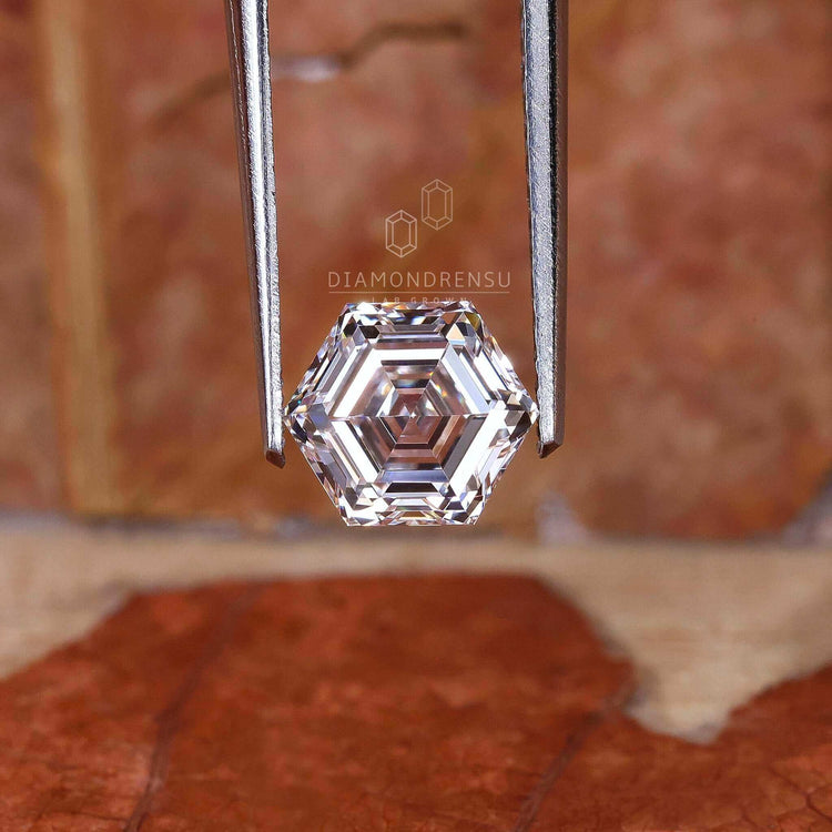 This antique cut lab grown diamond features a unique hexagon step cut.
