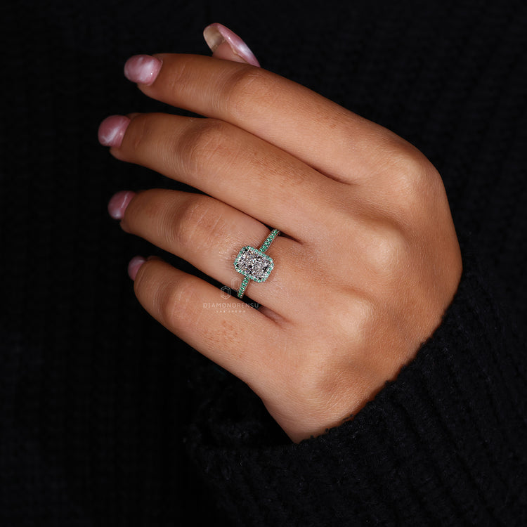 Claw Prong setting in a radiant halo engagement ring.
