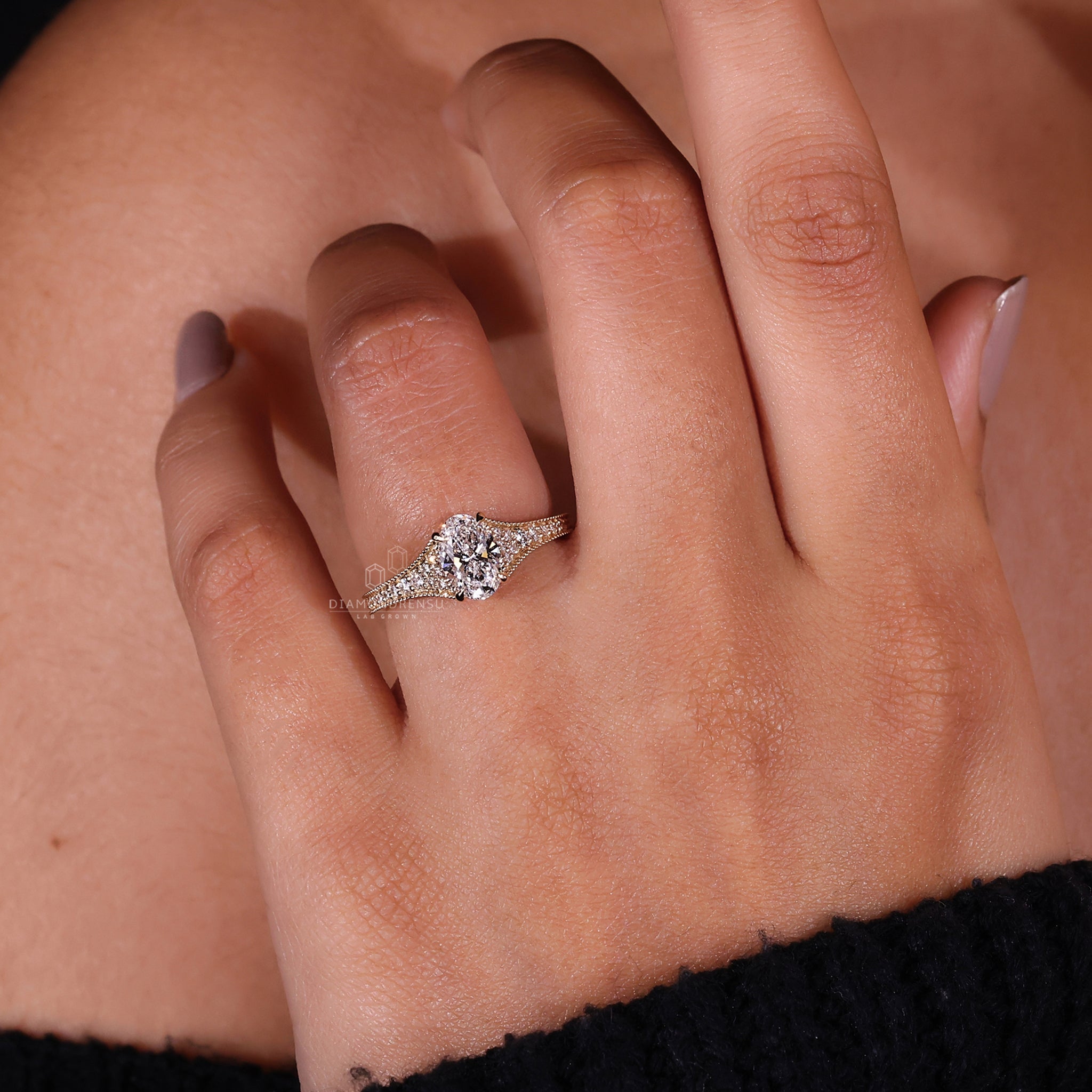 Exquisite Miligrain Oval Diamond Ring on Hand, a testament to fine craftsmanship