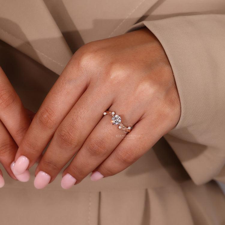 Romantic rose gold engagement ring with a warm hue and vintage charm.
