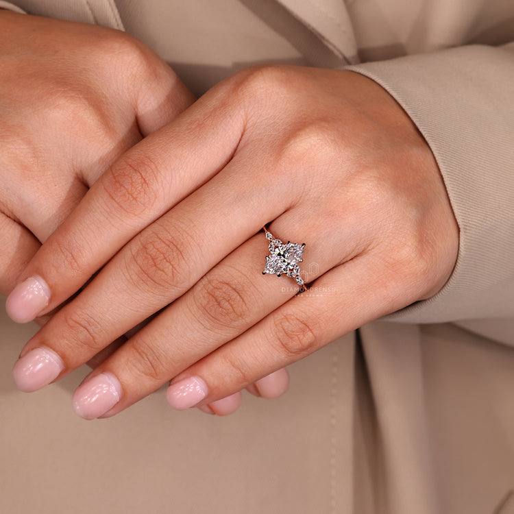 Knife edge shank marquise shaped diamond ring with 6 prong claw.
