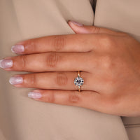 Cushion cut ring featuring lab grown diamond.
