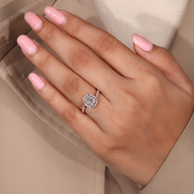 Handmade jewelry featuring a diamond halo.
