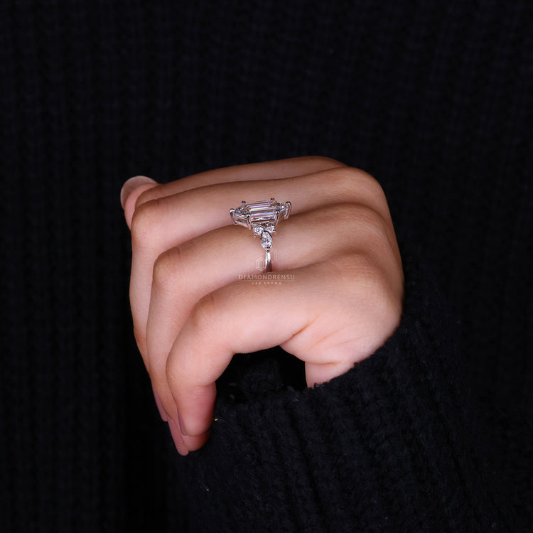 Side stones engagement ring in unique hexagon design.