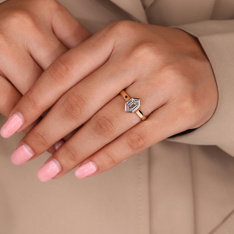 Custom engagement ring paired with a bezel set ring
