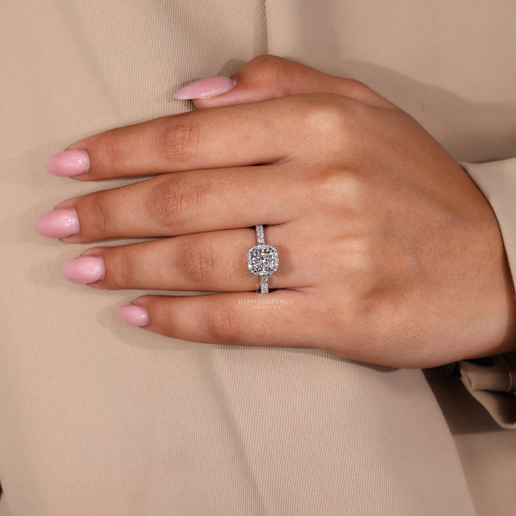 Cushion cut halo diamond ring, handmade jewelry, diamondrensu engagement ring
