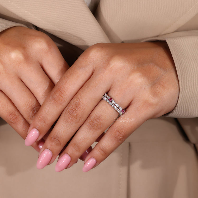 Double row pave wedding band featuring lab grown diamonds.
