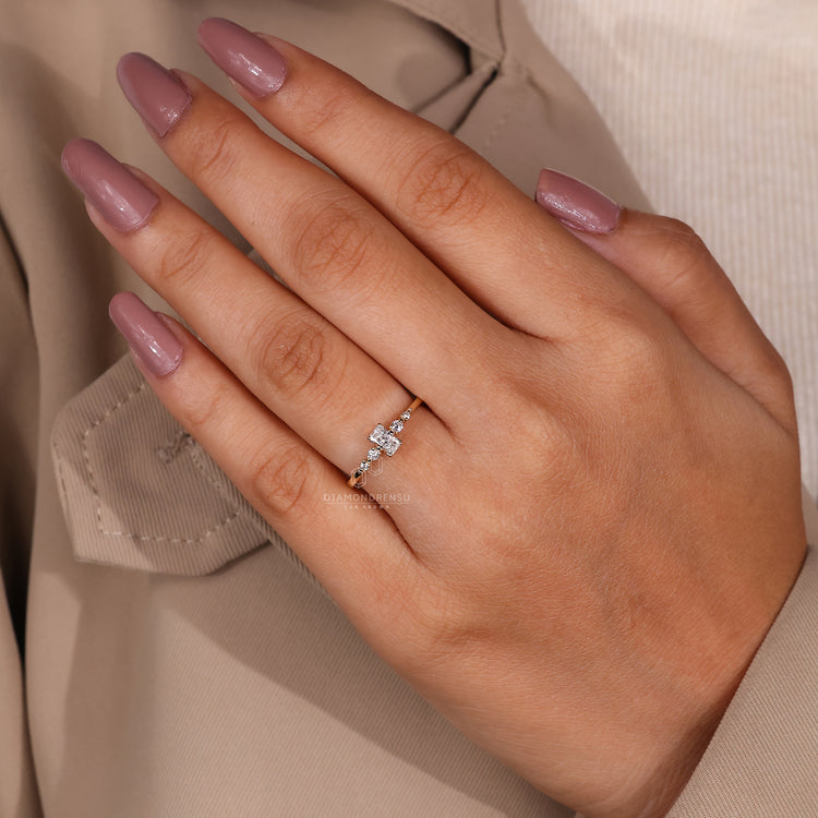 Radiant Cut Engagement Ring with custom design in yellow gold.
