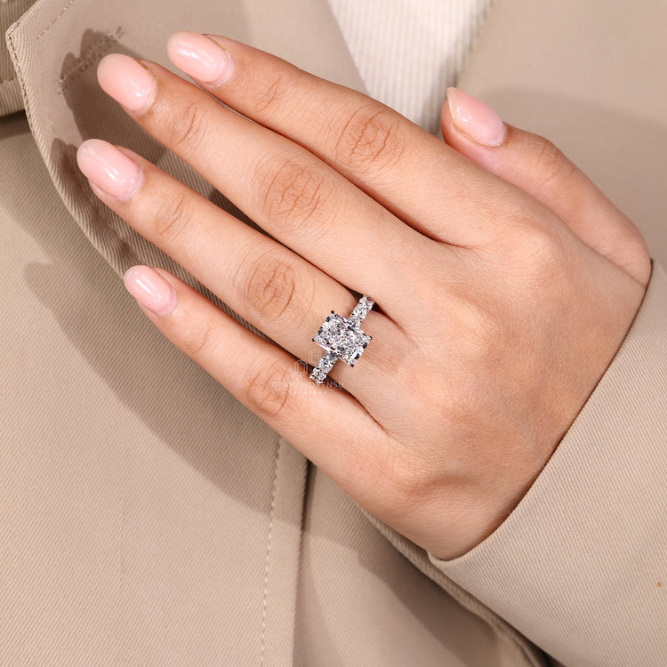 Pave setting ring with U prong micro pave and white gold band.
