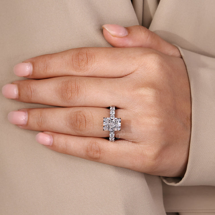 Lab Grown Diamond ring with radiant cut and pave accents.
