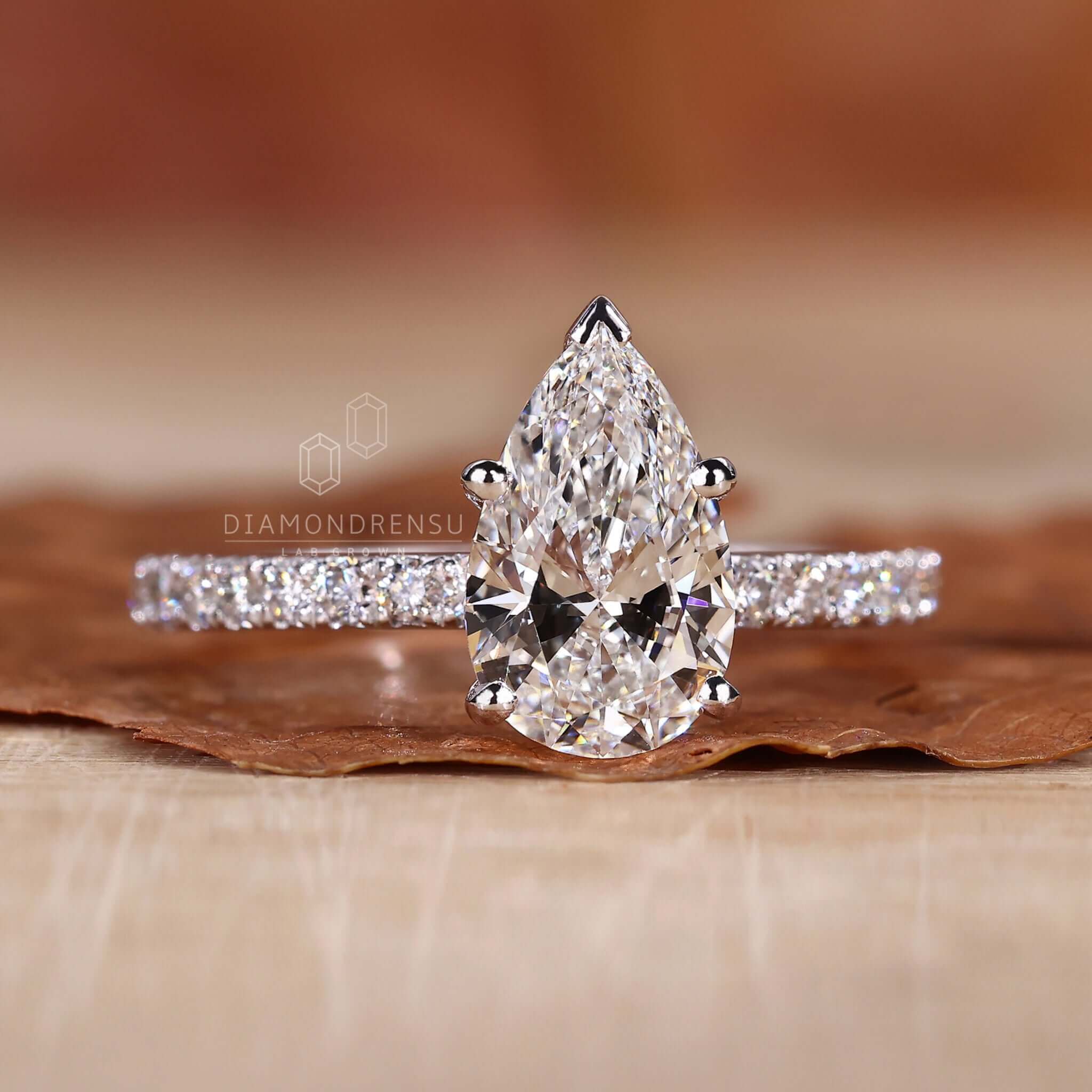 Lab Grown Rings Pear Shaped Lab Grown Diamond, Pave Engagement Ring - Diamondrensu
