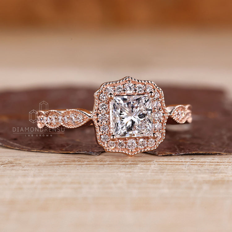 Handmade Princess Cut Diamond Ring With Round Pave Setting.