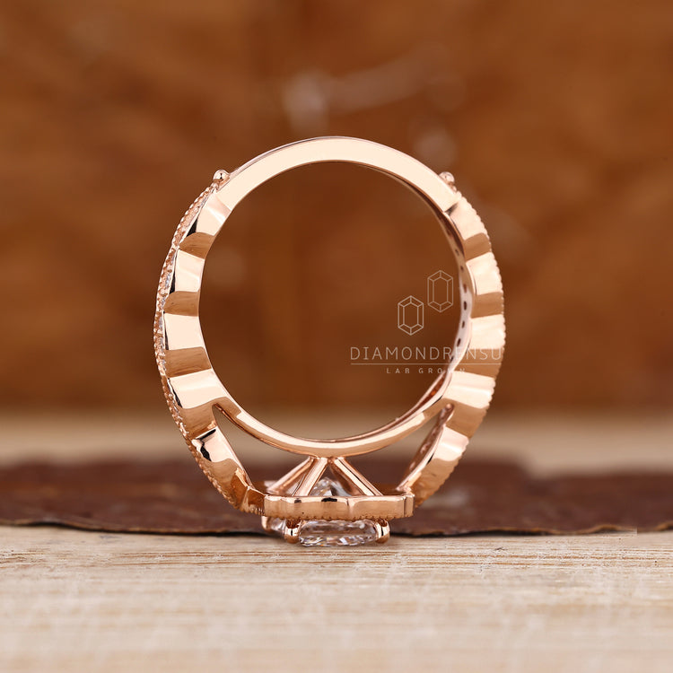 Princess Diamond Ring With Halo Setting And Pave Design.