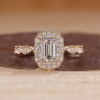 Emerald Cut Ring With Vintage Style And Milgrain Details.