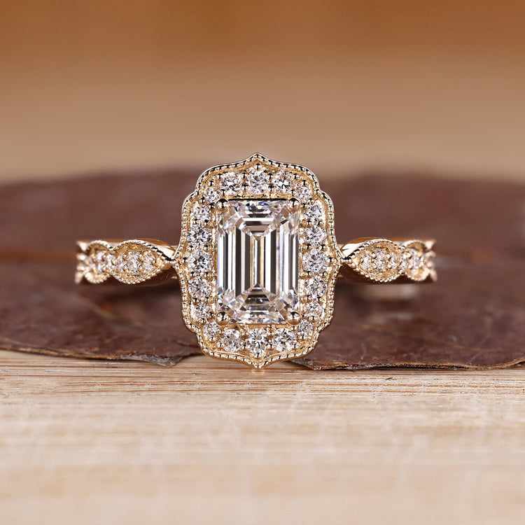 Emerald Cut Ring With Vintage Style And Milgrain Details.