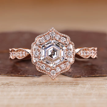 Hexagon Diamond Ring With Vintage Style And Milgrain Setting.