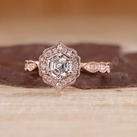 Hexagon Diamond Ring With Cathedral Setting And Four Prong Setting.