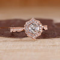 Handmade Hexagon Diamond Ring With Round Diamond Pave Band.