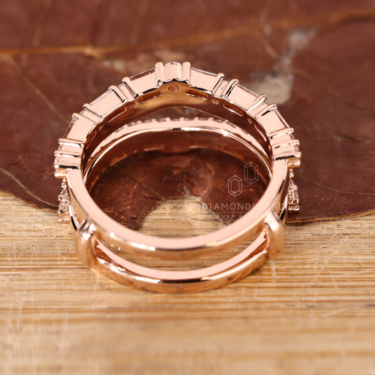 Handmade Jewelry wedding band with wrap guard and double curved shape.
