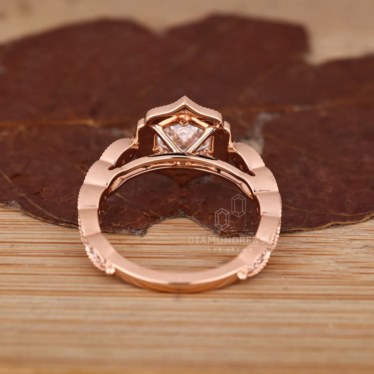 Hexagon Diamond Ring With Cathedral Band And Pave Accents.