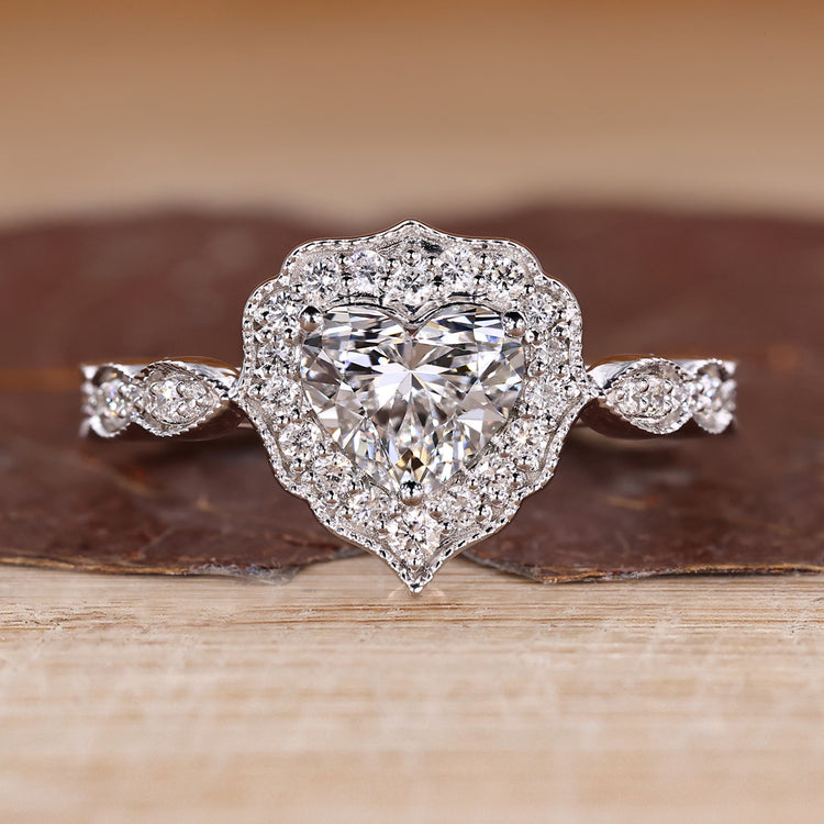 Heart Shaped Diamond Ring With Vintage Style And Milgrain Setting.