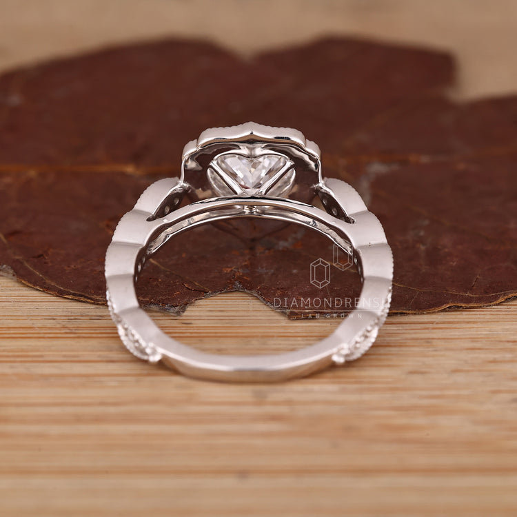 Heart Shape Diamond Ring With Pave Band And Milgrain Details.
