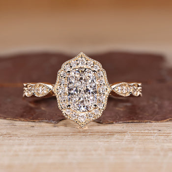 Elongated Cushion Cut Ring With Vintage Setting And Milgrain Details.