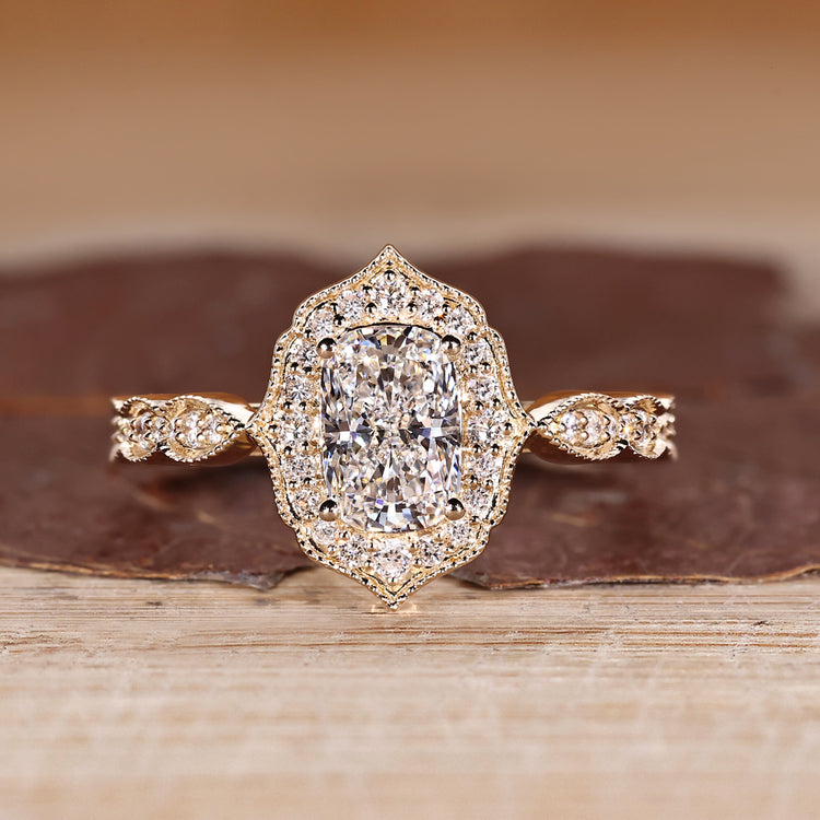 Elongated Cushion Cut Ring With Vintage Setting And Milgrain Details.