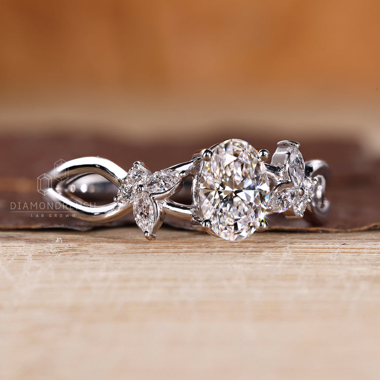 Handmade ring with cluster diamond and twisted shank design.
