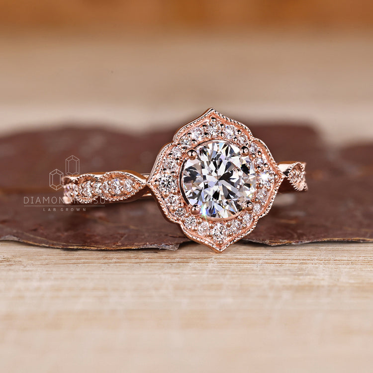 Round Diamond Ring With Milgrain Details And Halo Frame.