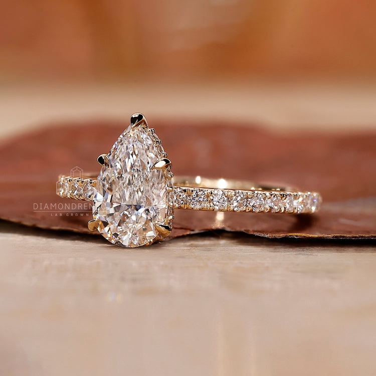 Pave setting ring adorned with round diamonds and a delicate design.