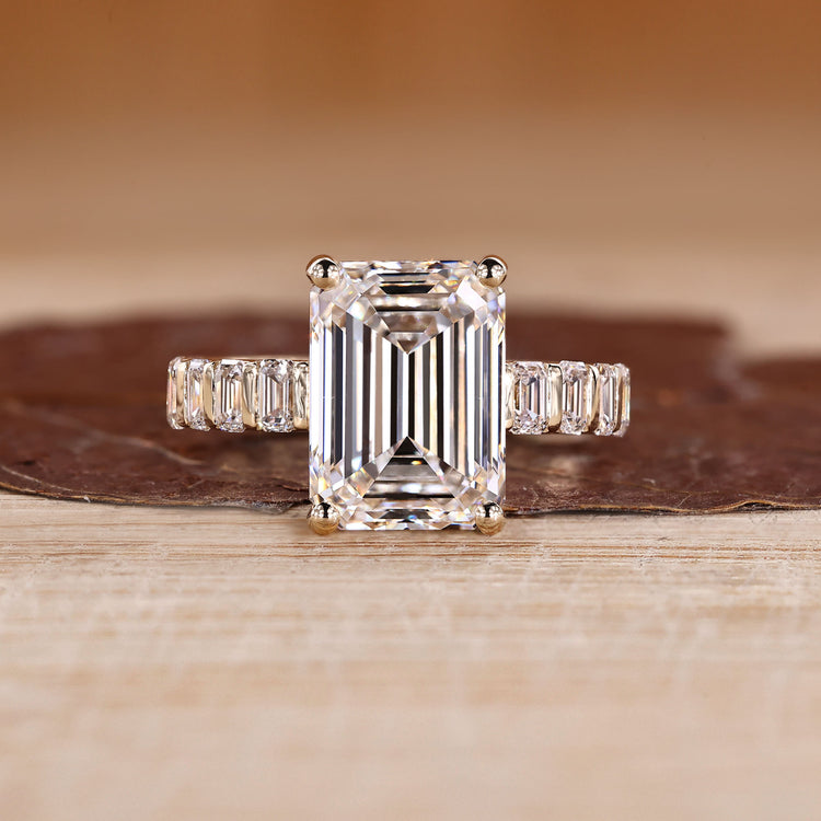 5 carat emerald cut diamond ring with emerald cut pave band.
